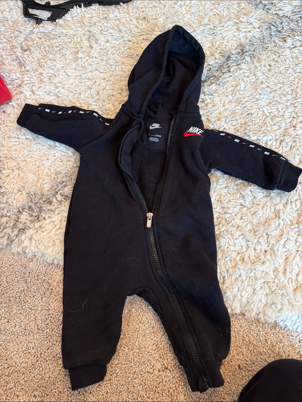 Nike Black Hooded Baby Footed One-Piece with Red Logo. 6M